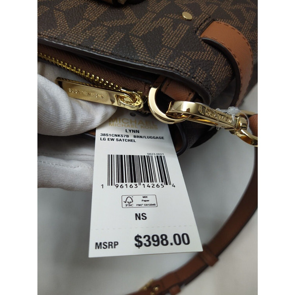 Michael Kors Lynn Brown Lugg MK Printed Large EW Satchel Bag - NWT $398 - Picture 6 of 16